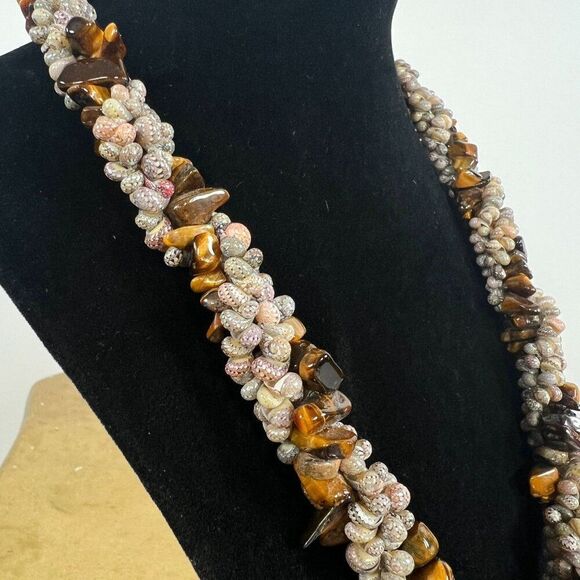 Brown Tigers Eye Beaded Shell Pendant Necklace - Boho Beachy Fairycore Jewelry - Picture 6 of 6